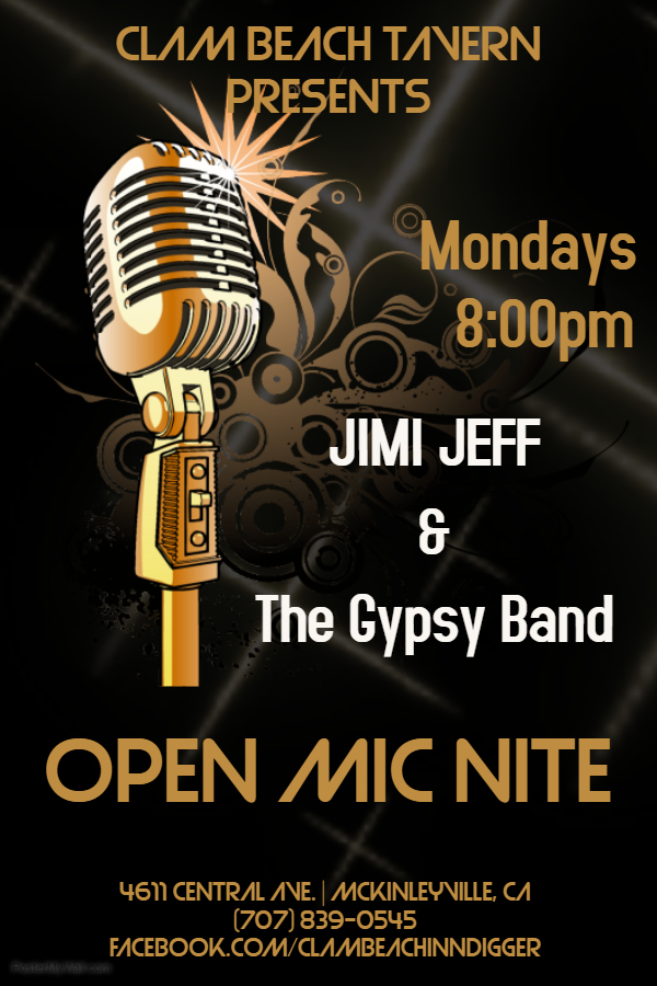 New Monday Open Mic Nites at Clam Beach Tavern with Jimi Jeff & The Gypsy Band